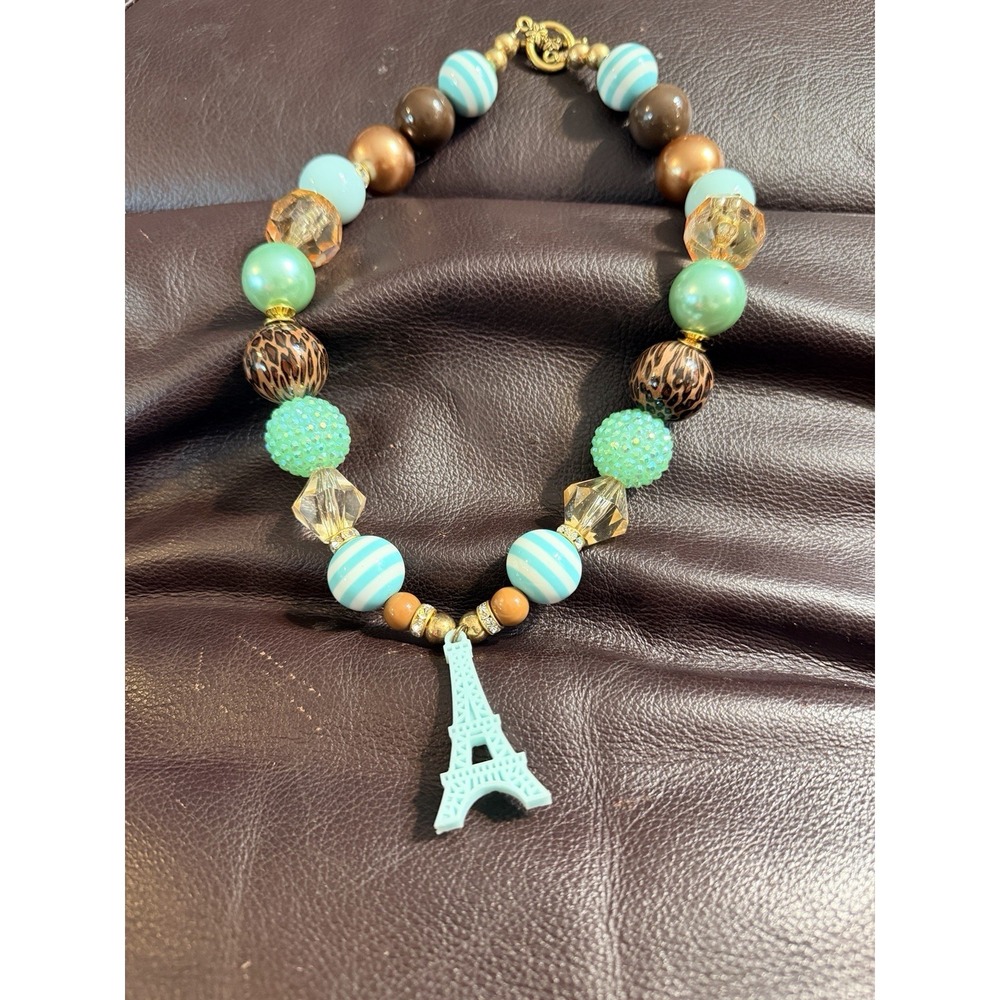 Fashion Jewelry Necklace Aqua Acrylic & Brown Beads Chunky 17in W/ Eiffel Tower